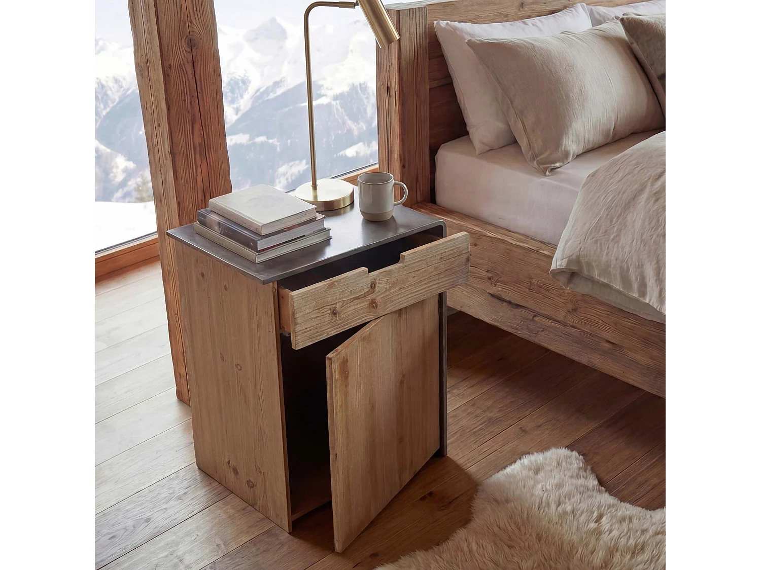 Kommode MCW-L76, Nachttisch Beistelltisch, Industrial Massiv-Holz MVG-zertifiziert 60x50x40cm, natur mit Metall-Optik