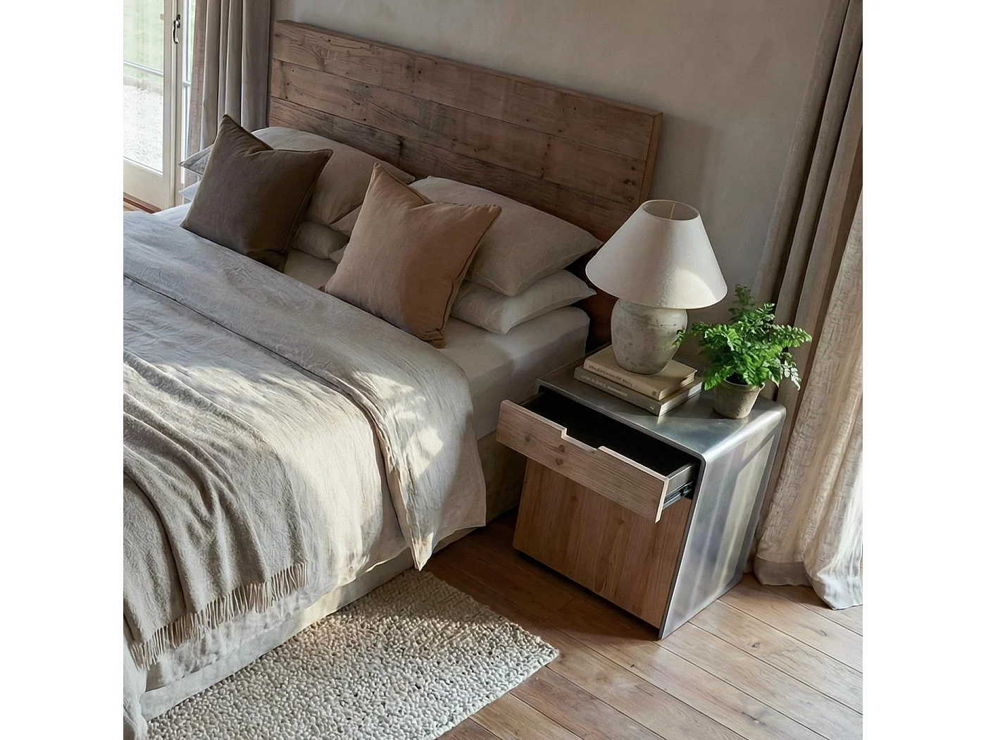 Kommode MCW-L76, Nachttisch Beistelltisch, Industrial Massiv-Holz MVG-zertifiziert 60x50x40cm, natur mit Metall-Optik