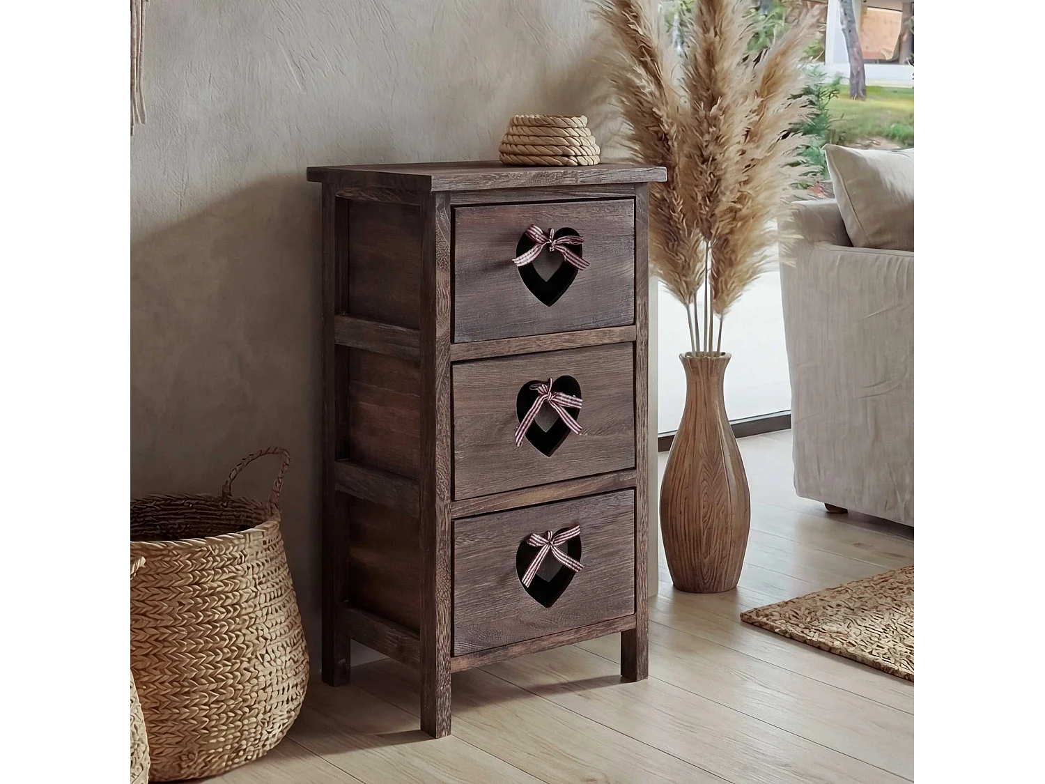 Kommode Forli, Schubladenkommode Schrank, 3 Schubladen mit Herzen 55x29x25cm, Shabby-Look, Vintage, braun