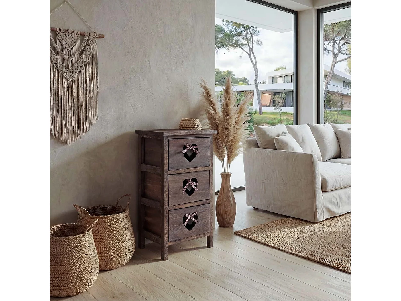 Kommode Forli, Schubladenkommode Schrank, 3 Schubladen mit Herzen 55x29x25cm, Shabby-Look, Vintage, braun