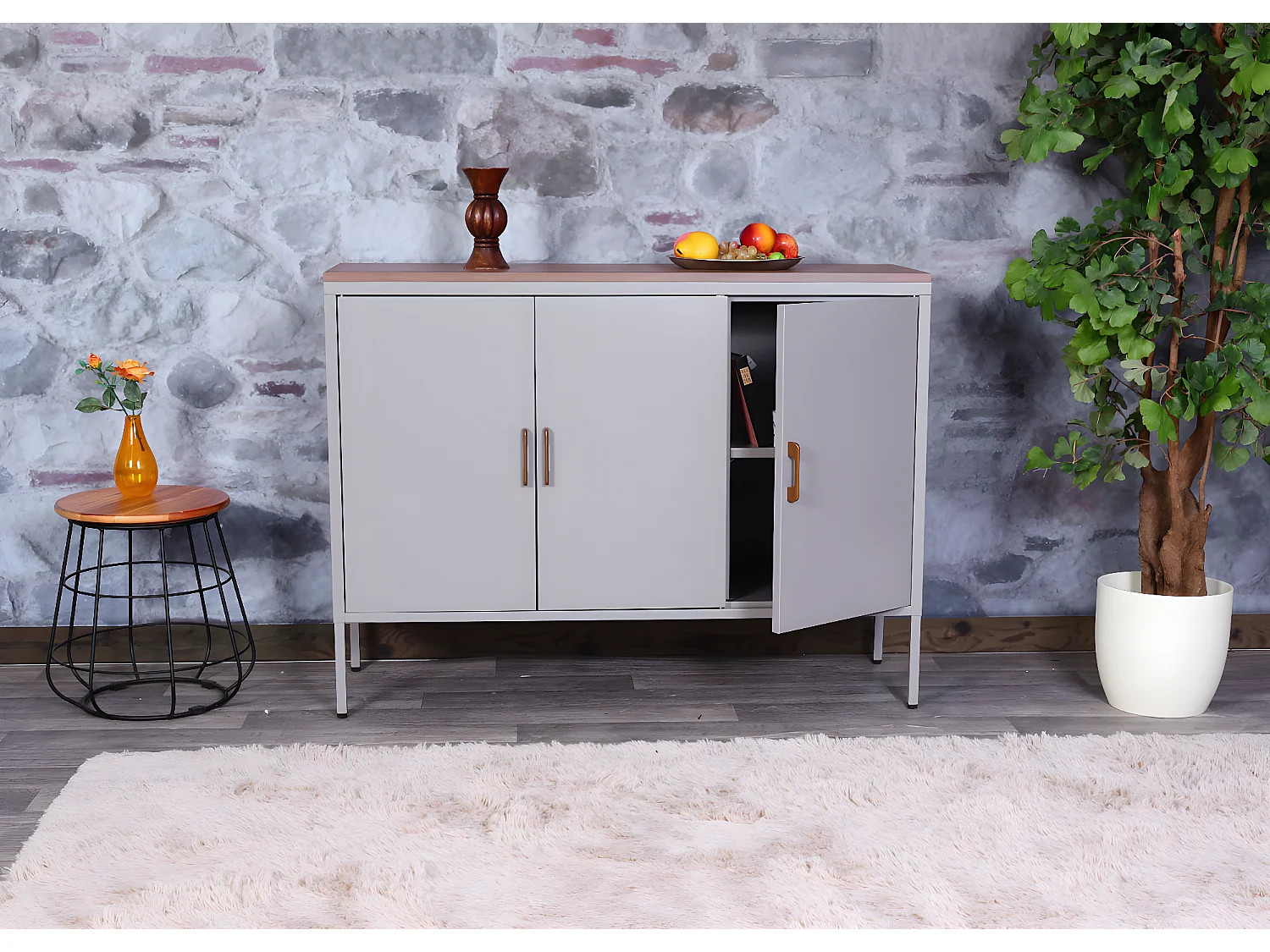 Credenza armadietto con 3 sportelli MCW-L84 metallo MDF 90x120x40cm grigio