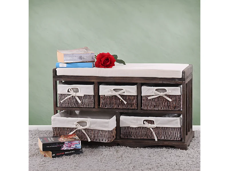 Panca cassettiera shabby vintage 5 ceste legno di paulonia 36x77x45cm marrone