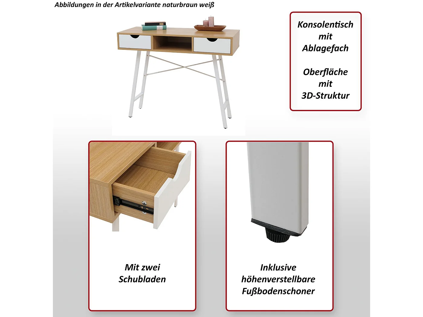 Table console MCW-E92, Console MCW-E92, table de desserte/d'appoint, structure 3D, 100x40cm brun naturel, blanc