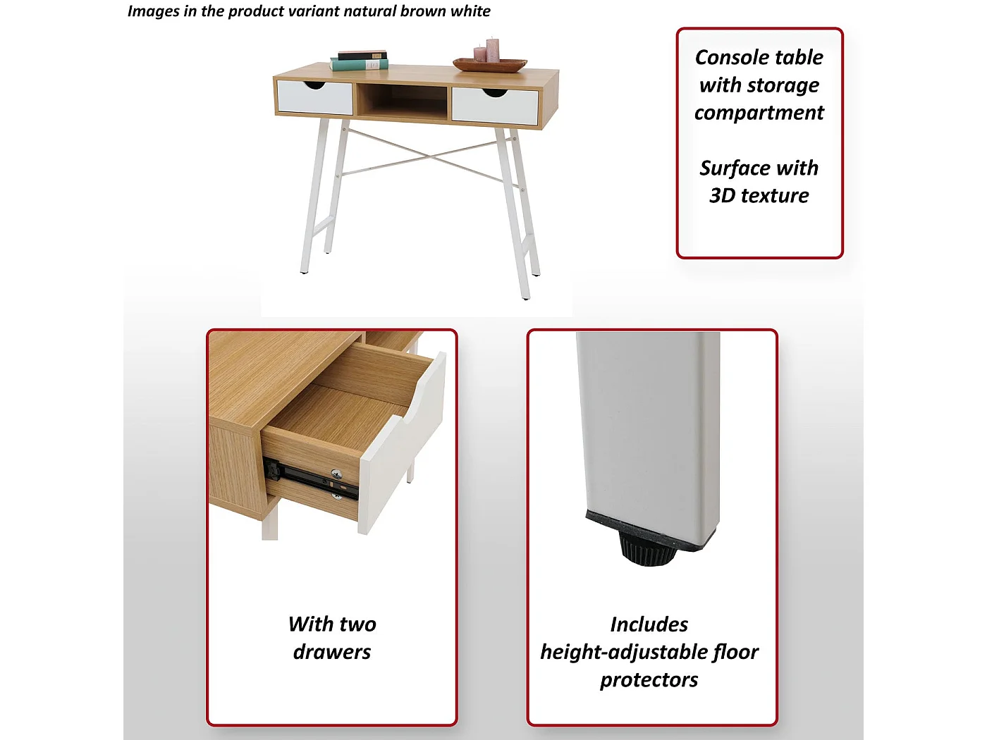 Table console MCW-E92,  brun naturel, blanc