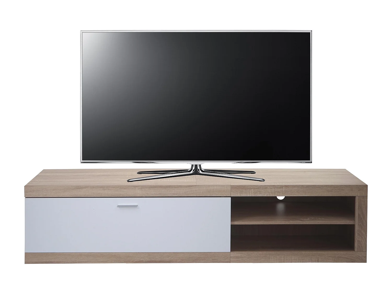 TV-Rack MCW-L33, TV-Board Fernsehtisch Lowboard TV-Schrank Kommode, Holz 43x180x41cm Staufach, Eiche-Optik, weiß