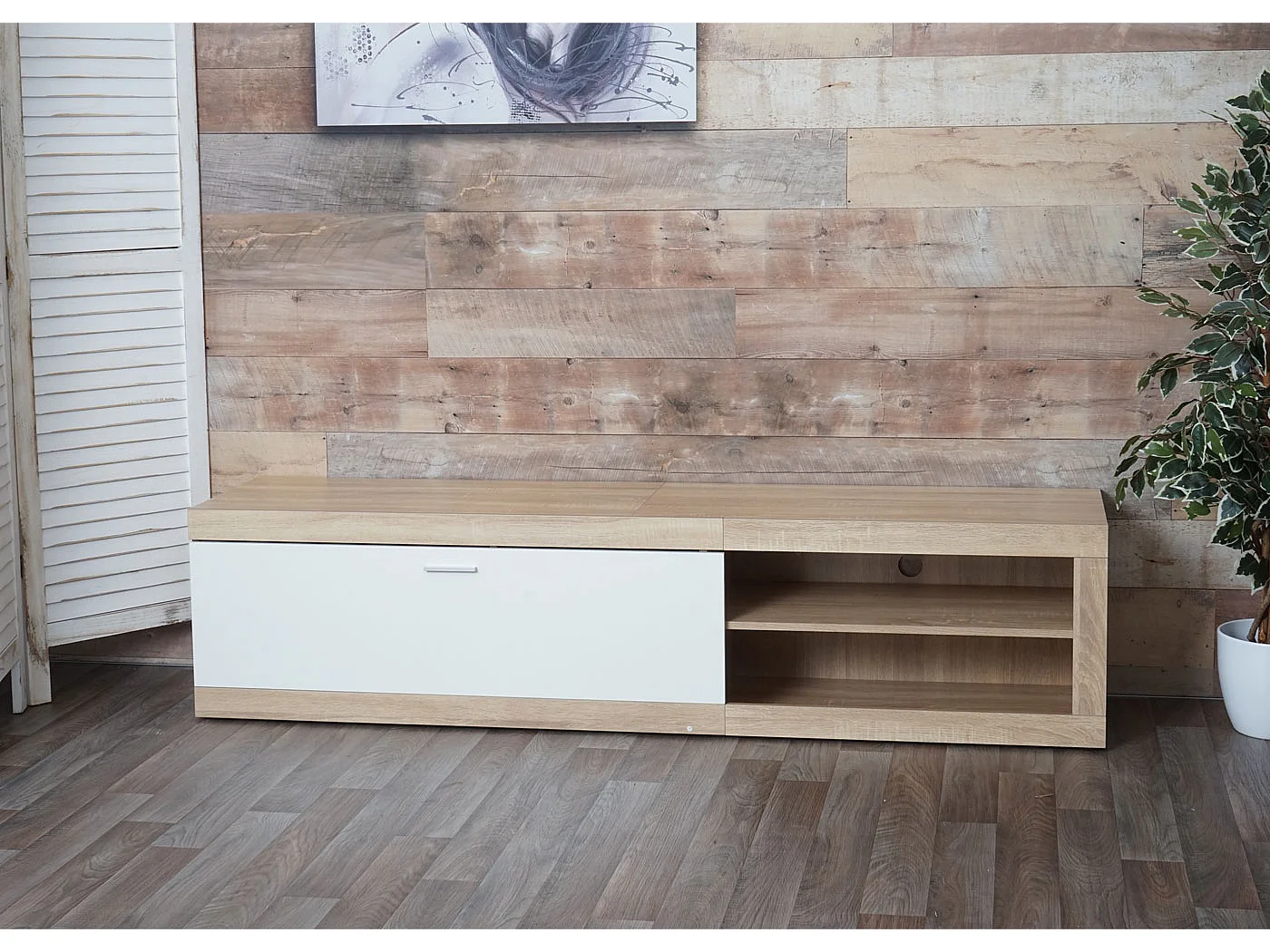 TV-Rack MCW-L33, TV-Board Fernsehtisch Lowboard TV-Schrank Kommode, Holz 43x180x41cm Staufach, Eiche-Optik, weiß