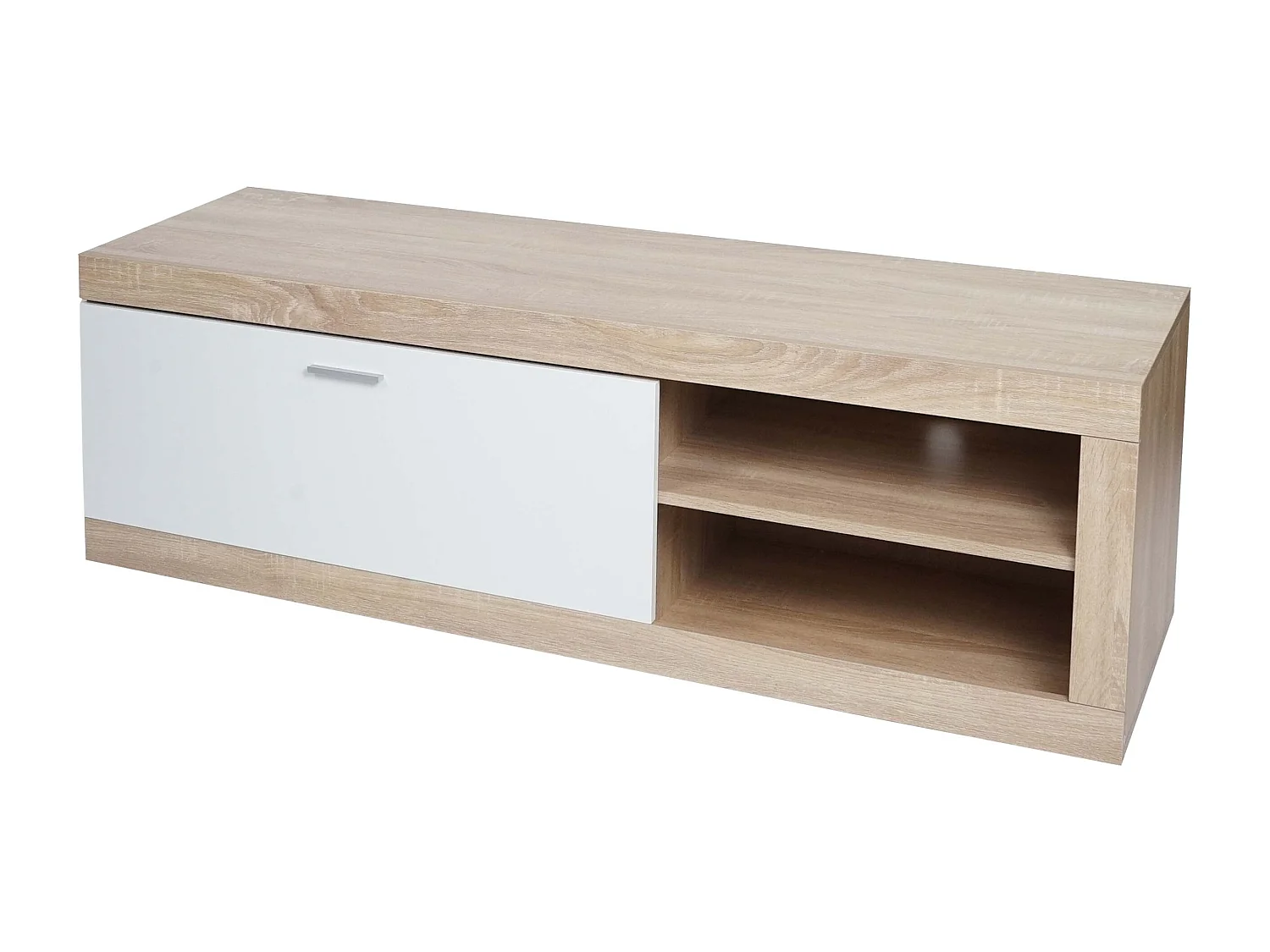 TV-Rack MCW-L33, TV-Board Fernsehtisch Lowboard TV-Schrank Kommode, Holz 43x140x41cm Staufach, Eiche-Optik, weiß