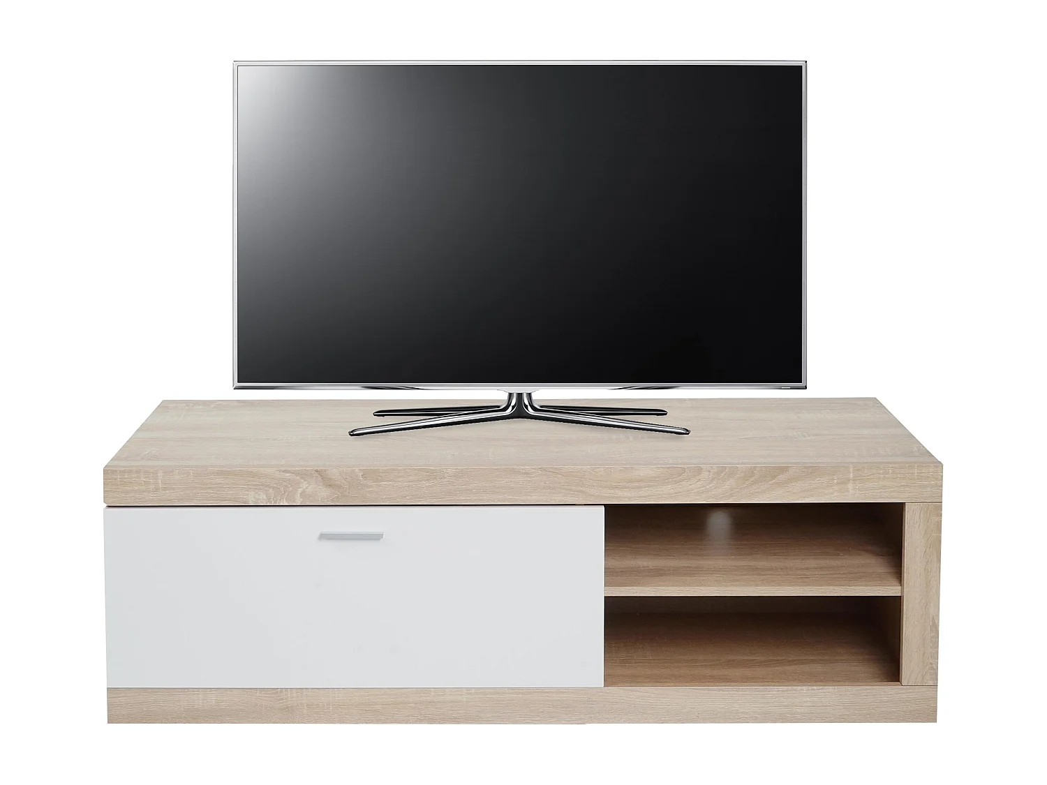 TV-Rack MCW-L33, TV-Board Fernsehtisch Lowboard TV-Schrank Kommode, Holz 43x140x41cm Staufach, Eiche-Optik, weiß