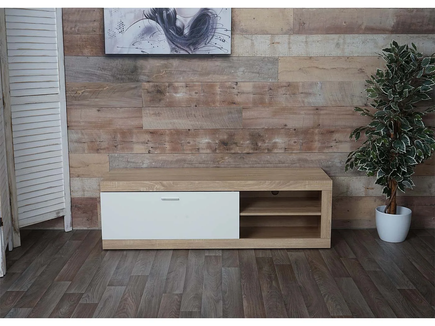 TV-Rack MCW-L33, TV-Board Fernsehtisch Lowboard TV-Schrank Kommode, Holz 43x140x41cm Staufach, Eiche-Optik, weiß