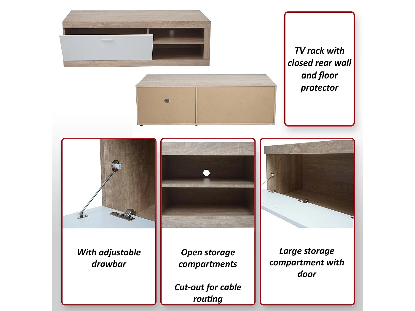 TV-Rack MCW-L33, TV-Board Fernsehtisch Lowboard TV-Schrank Kommode, Holz 43x140x41cm Staufach, Eiche-Optik, weiß