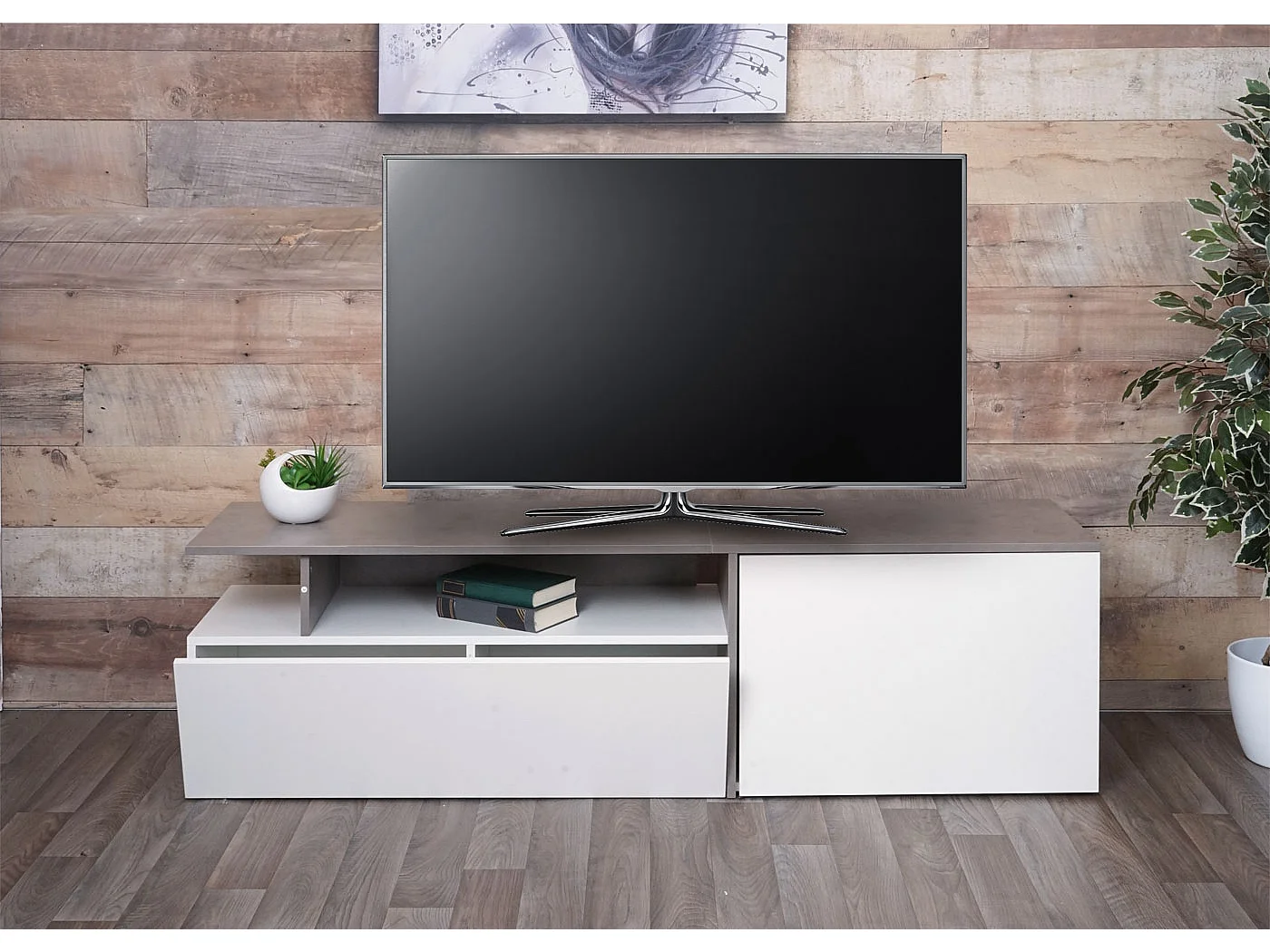 TV-Rack MCW-L34, Lowboard Fernsehtisch Sideboard TV-Schrank Kommode, Holz 45x161x40cm Staufach, Beton-Optik weiß