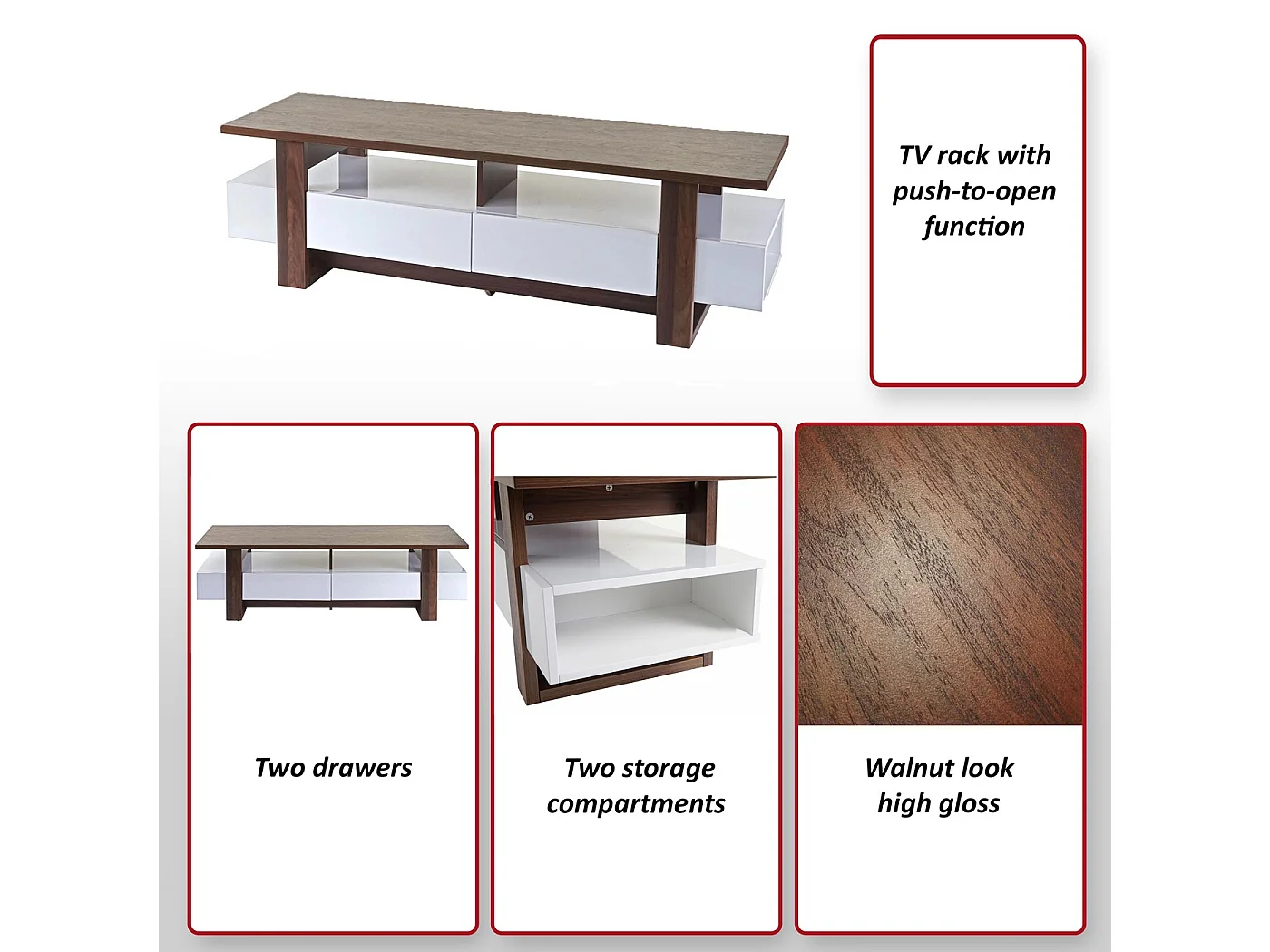 TV-Rack MCW-B51, Fernsehtisch Lowboard Schrank, 3D-Struktur Walnuss-Optik hochglanz 46x150x45cm