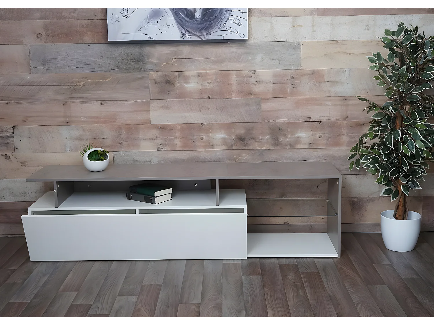 Mobile da salotto porta TV design moderno MCW-L35 47x170x40cm colore grigio e bianco