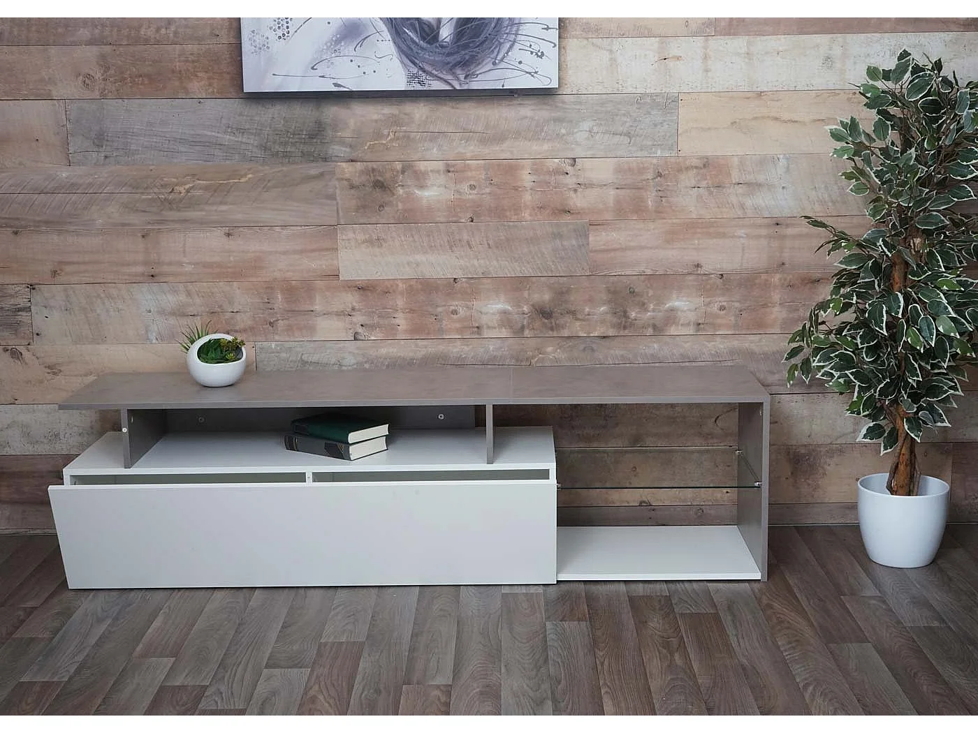 TV-Rack MCW-L35, Lowboard Fernsehtisch Sideboard TV-Schrank Kommode, Holz 47x170x40cm Staufach, Beton-Optik weiß