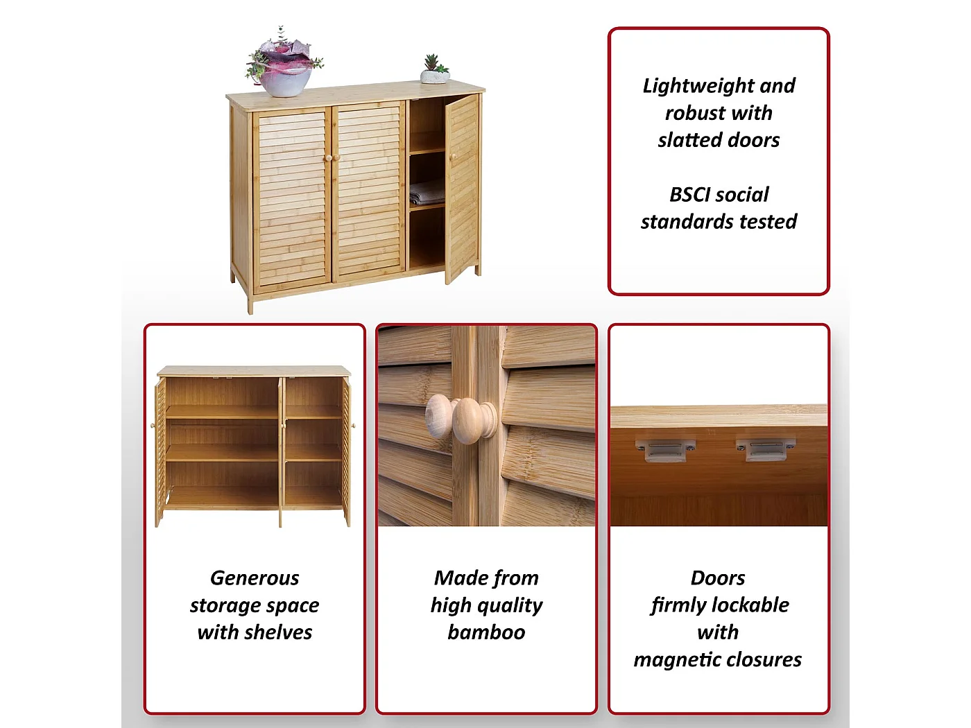 Sideboard MCW-B18, Schrank Kommode Highboard, 3 Türen Bambus 81x97x34cm