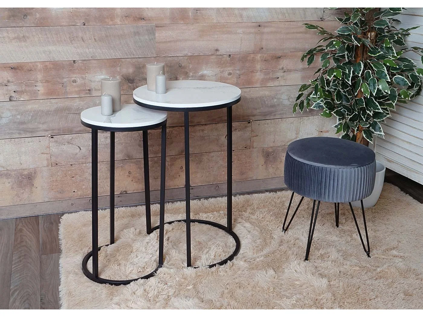 Lot de 2 tables d'appoint MCW-K46,  blanc-noir