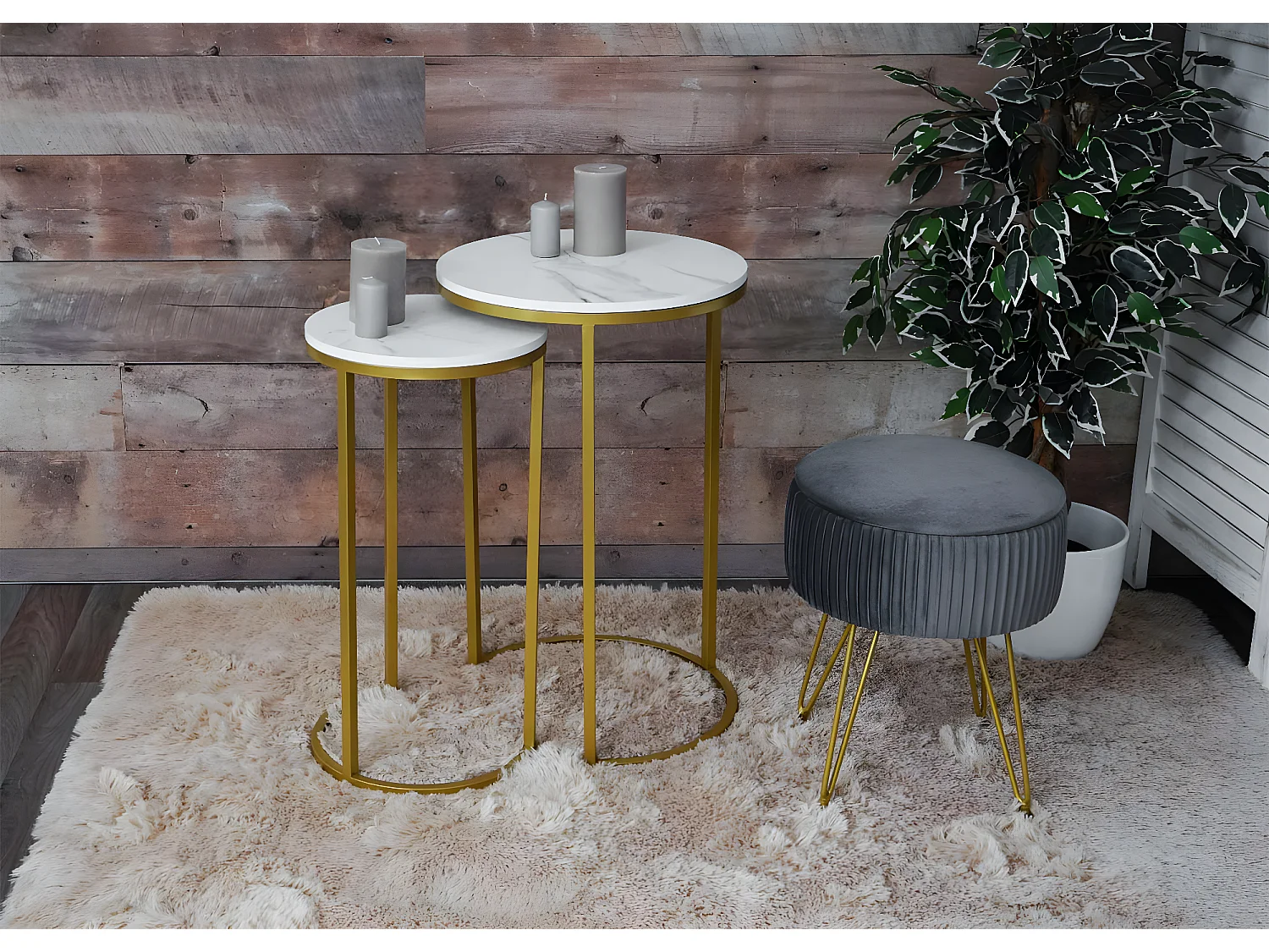 Set 2x tavolini eleganti da salotto MCW-K46 effetto marmo bianco oro