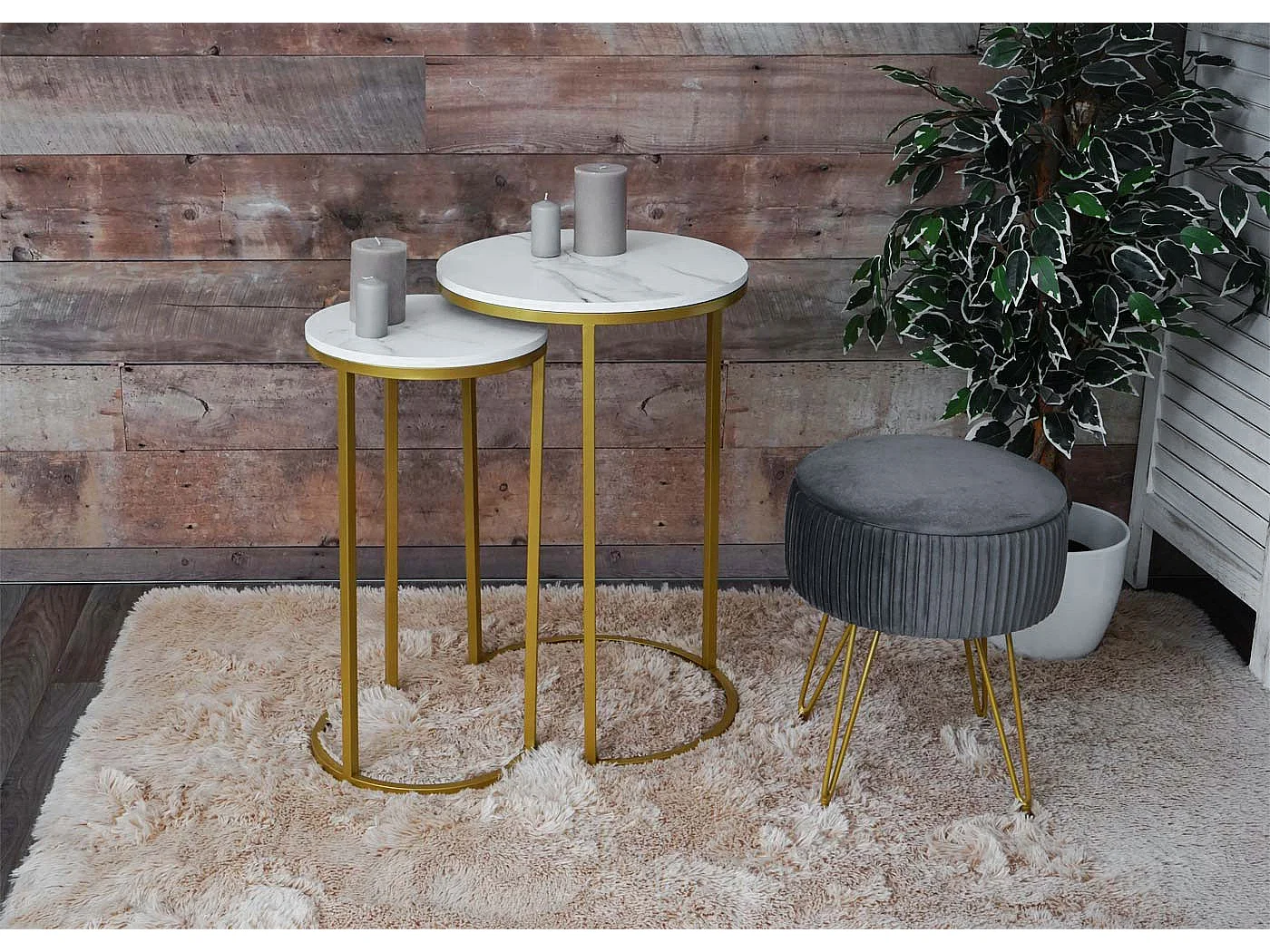 Lot de 2 tables d'appoint MCW-K46,  blanc-or