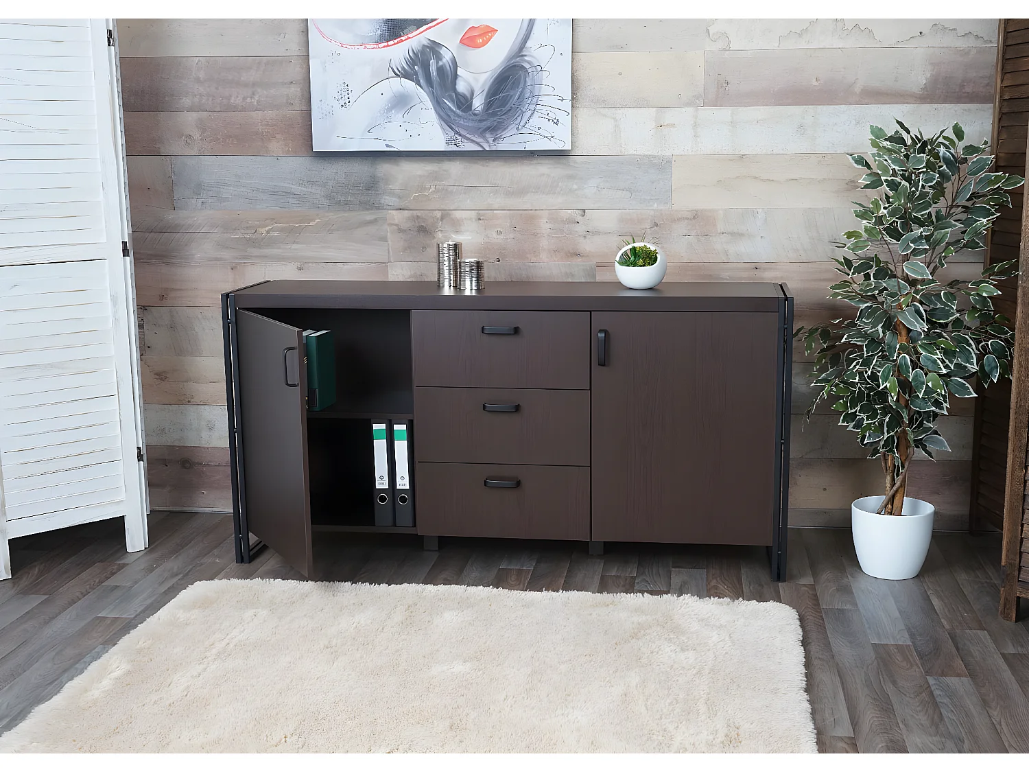 Cassettiera credenza design MCW-A27 40x160x80cm metallo MDF marrone scuro