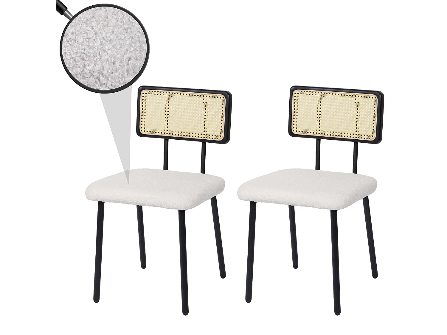 Set 2x sedie sala pranzo soggiorno MCW-K88 legno rattan tessuto bouclè bianco