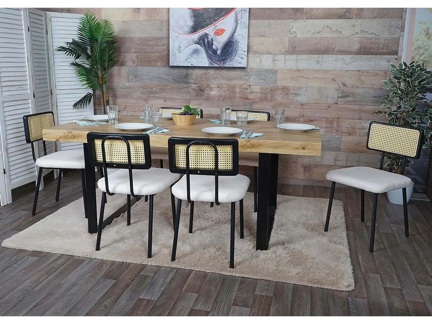 Set 2x sedie sala pranzo soggiorno MCW-K88 legno rattan tessuto bouclè bianco