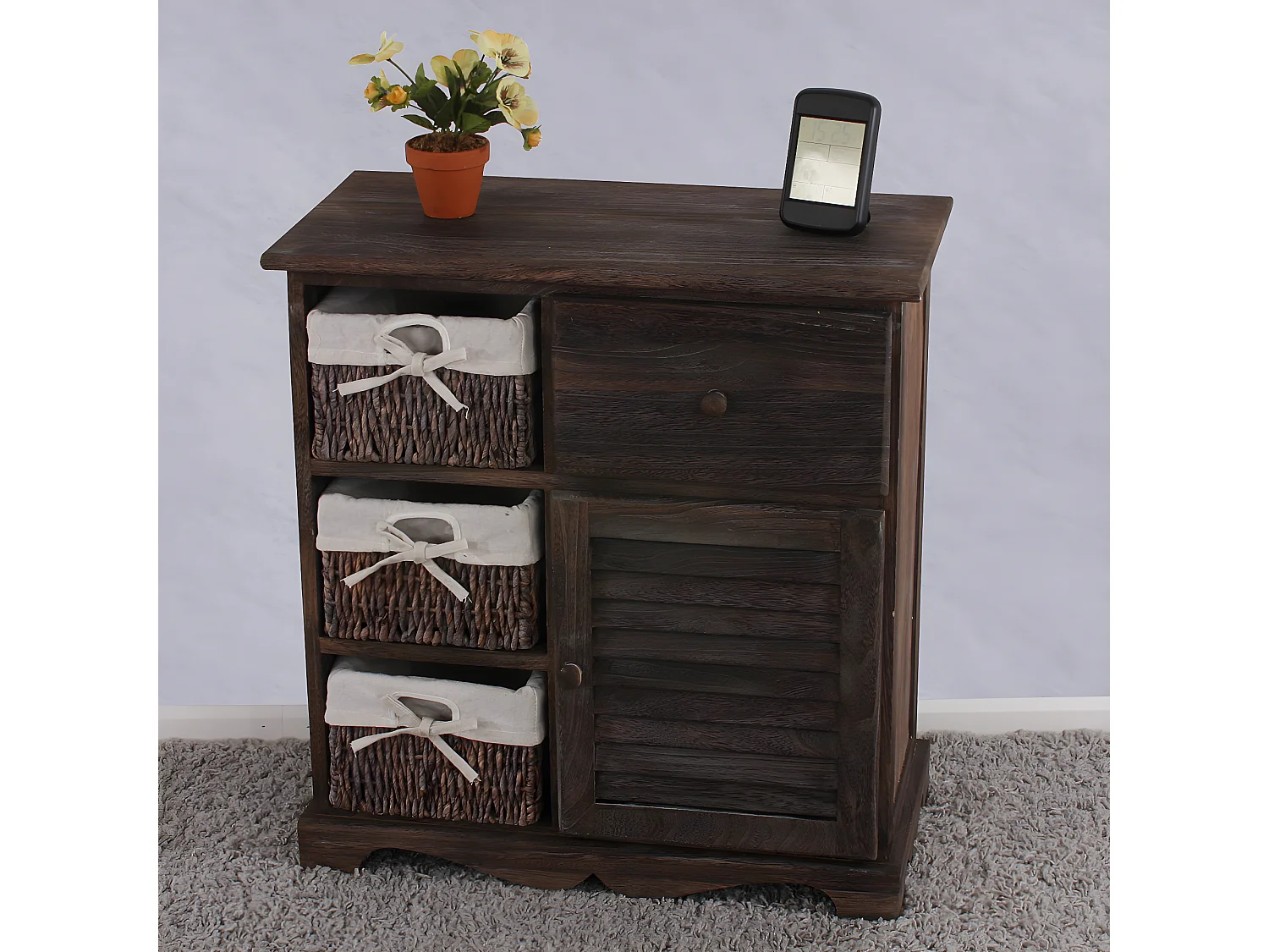 Comodino cassettiera shabby vintage legno paulonia 3 ceste 30x60x63cm marrone