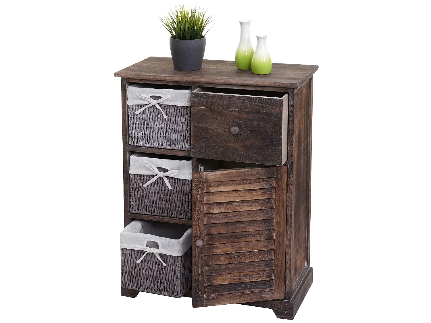 Cassettiera con 3 ceste shabby vintage MCW-H21 legno paulonia marrone