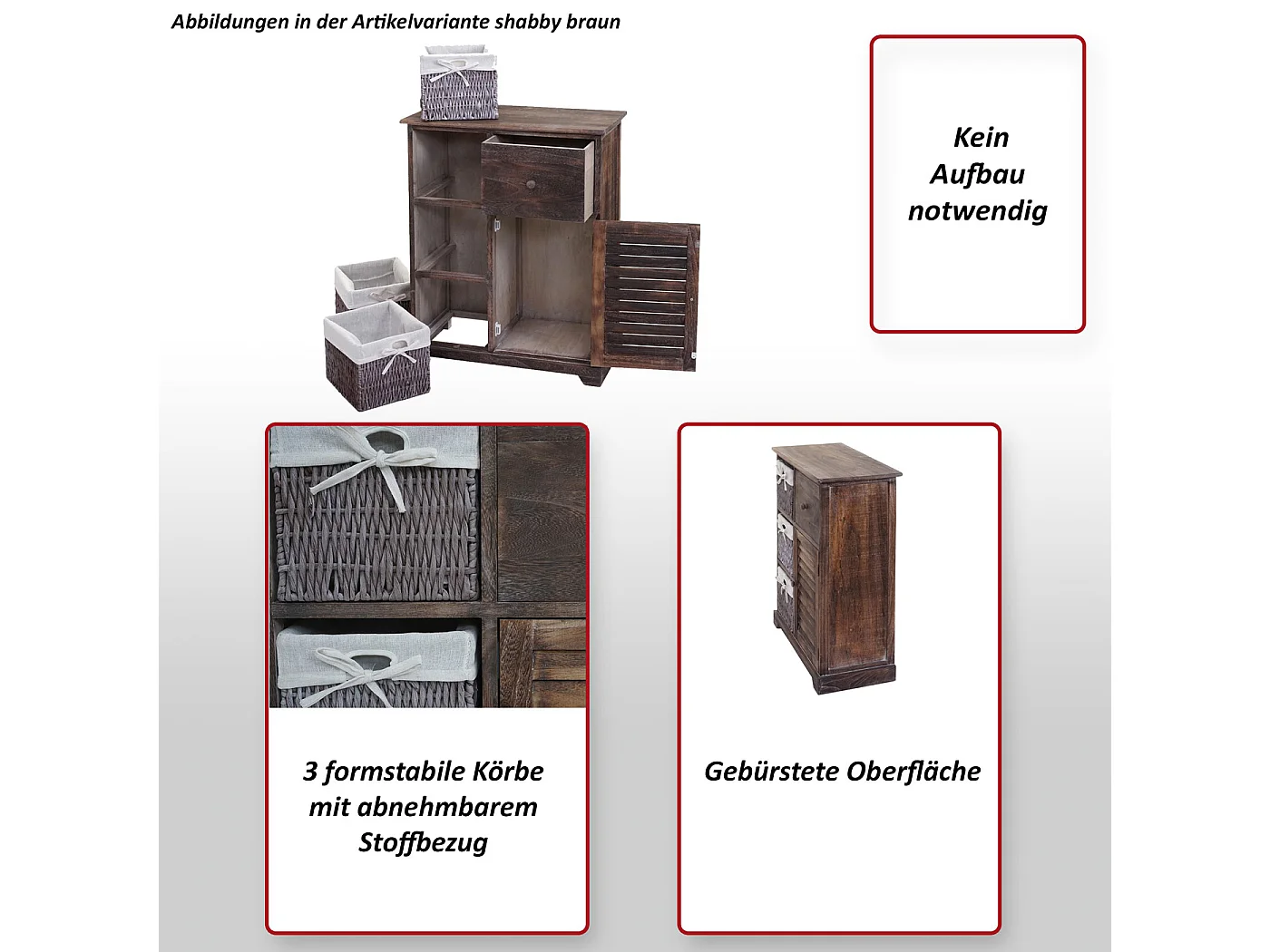 Cassettiera con 3 ceste shabby vintage MCW-H21 legno paulonia marrone