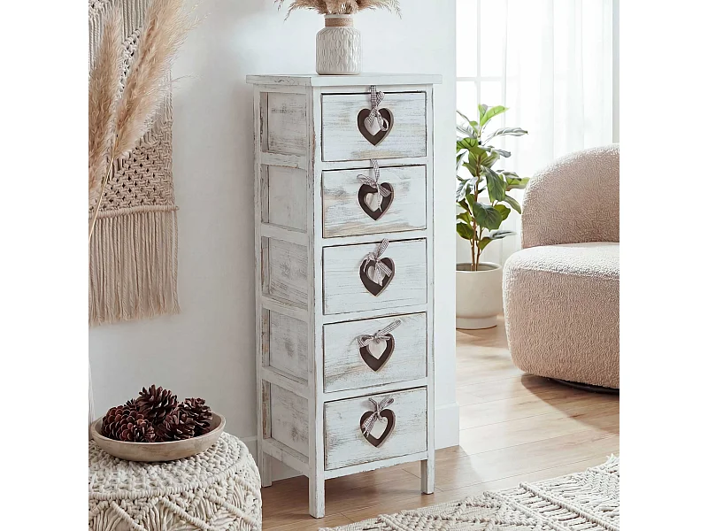 Mendler Comodino Cassettiera Shabby Chic In Legno Paulonia – 3 Ceste In Stoffa, Bianco, 30x60x63 Cm, Consegnato Già Montato