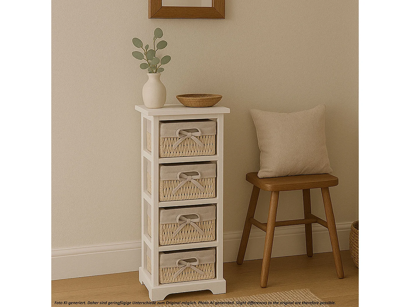 Étagère Commode avec 4 tiroirs en osier, Commode / étagère 4 paniers, 25x28x74cm, shabby, vintage, blanc