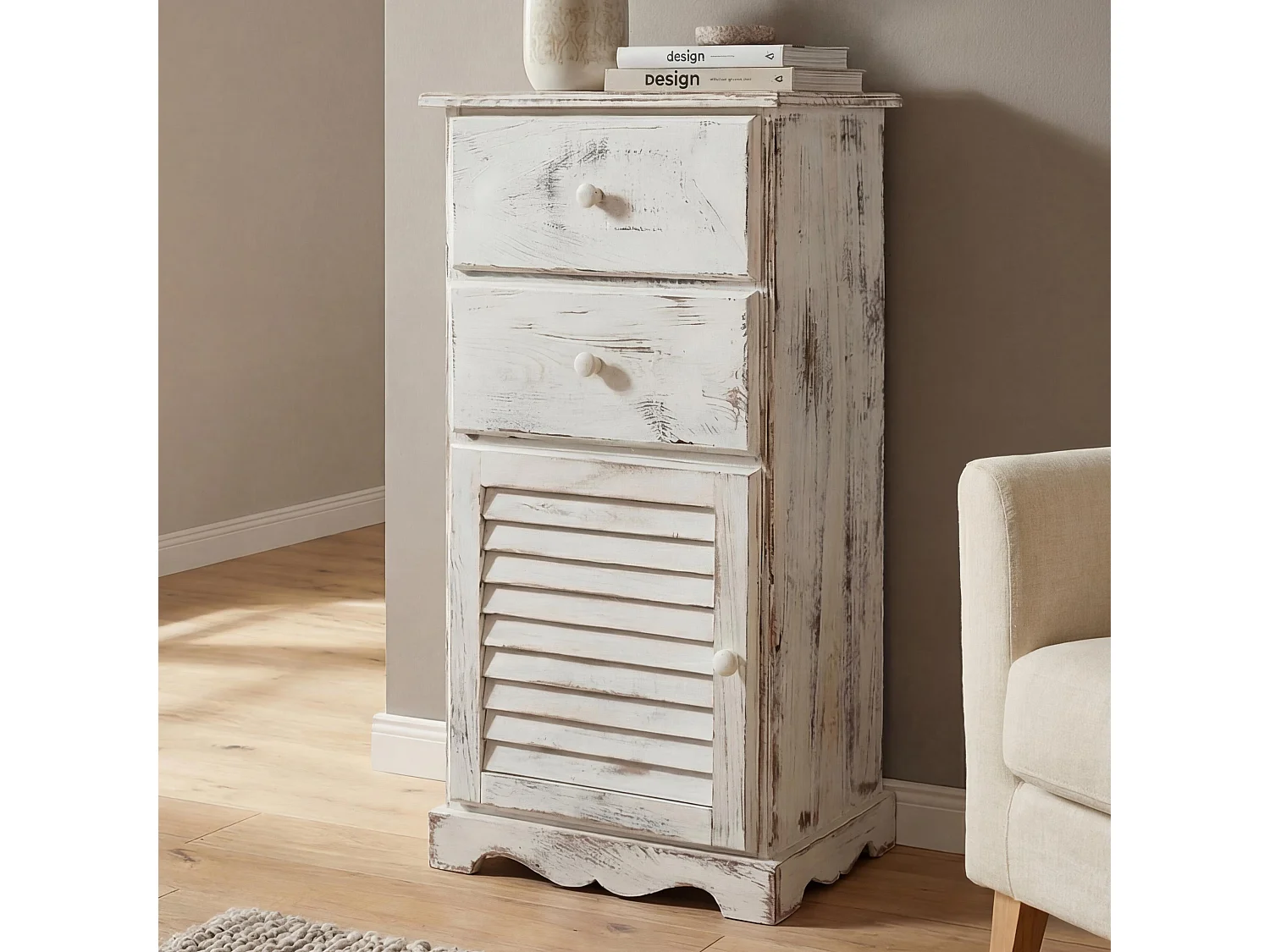 Comodino cassettiera shabby vintage legno paulonia cassetti sportello 32x40x81cm ~ bianco