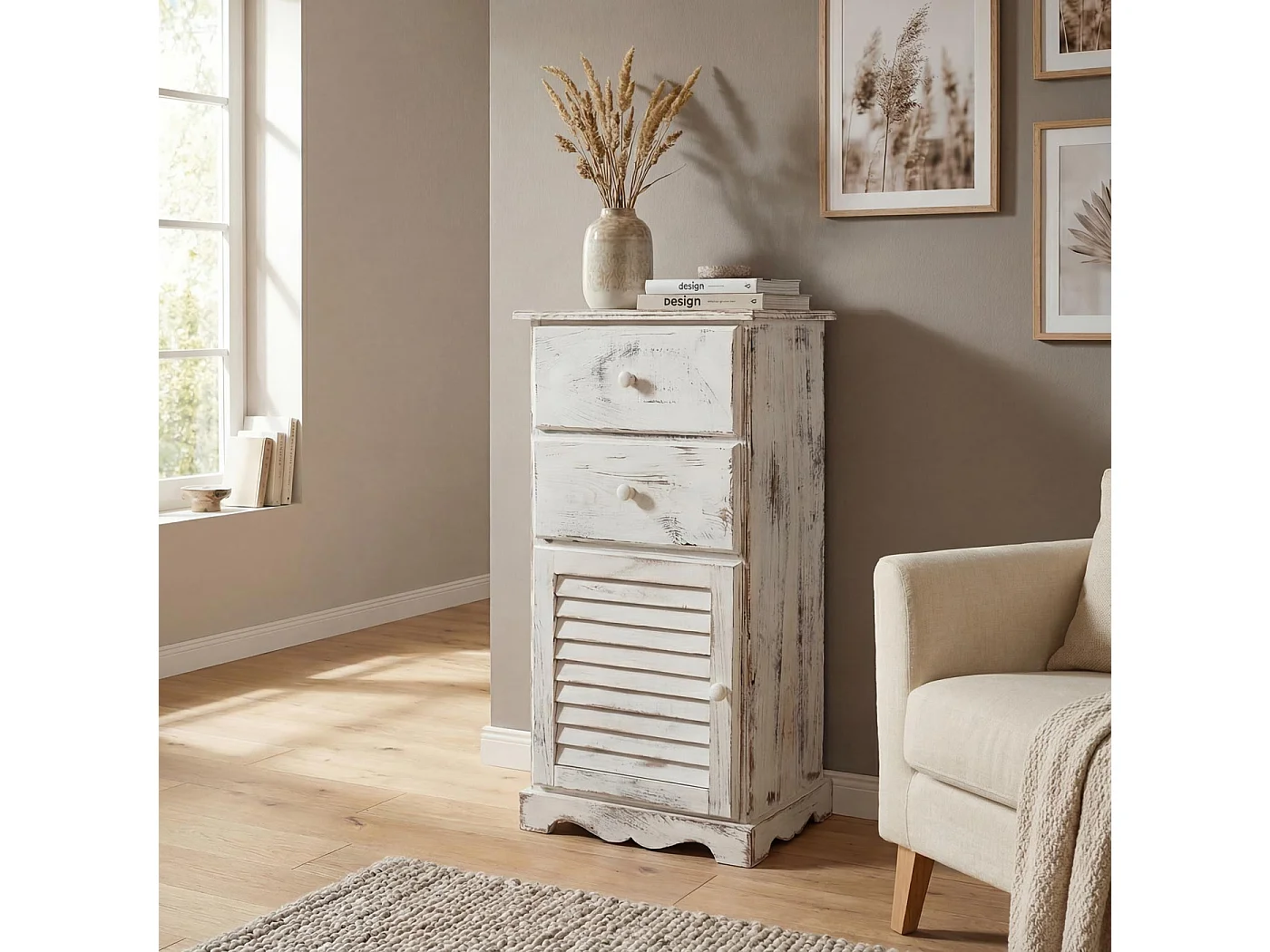 Comodino cassettiera shabby vintage legno paulonia cassetti sportello 32x40x81cm ~ bianco