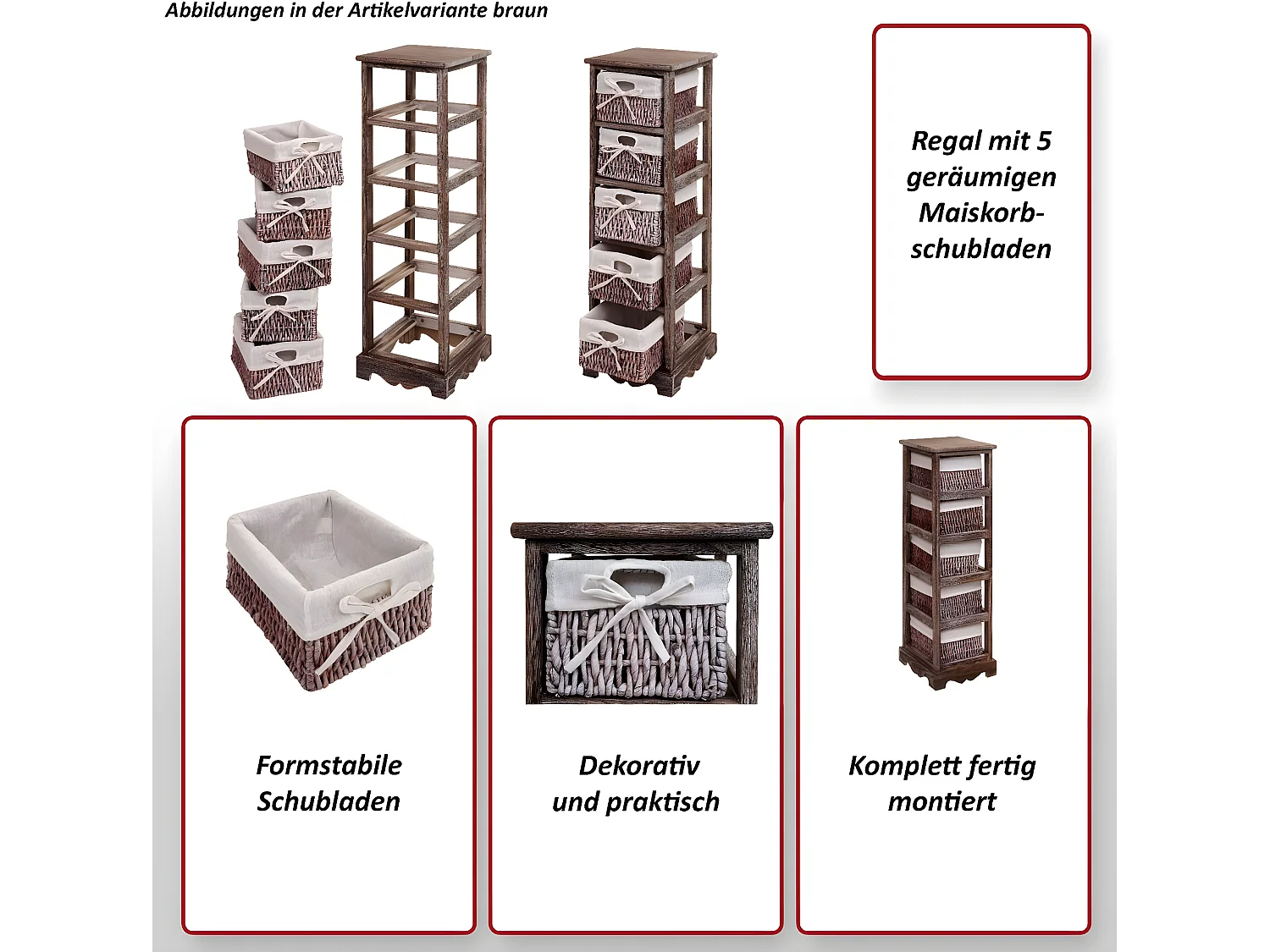 Étagère Commode avec 5 tiroirs en osier,  marron
