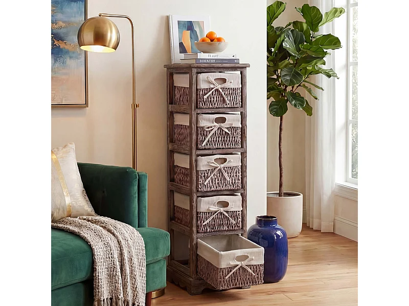 Scaffale cassettiera con 5 ceste shabby vintage legno di paulonia 28x25x90cm ~ marrone