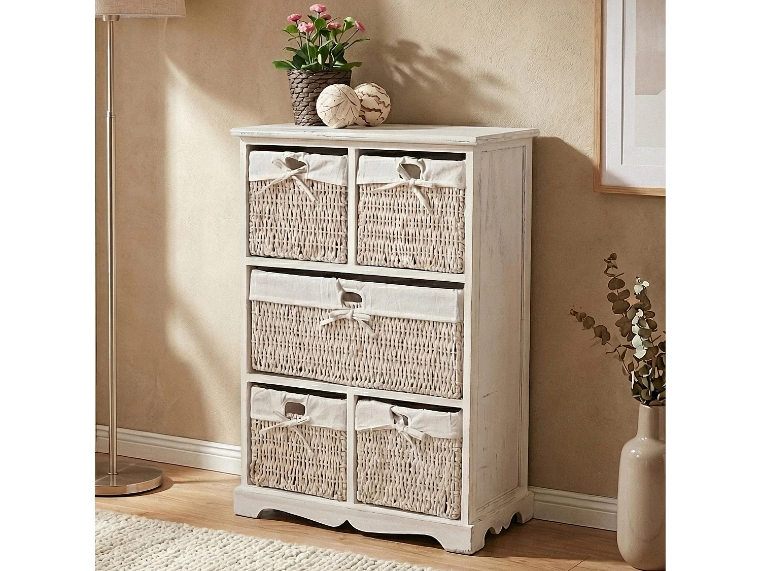 Cómoda Derby 5 cajones, estilo shabby chic,  blanco