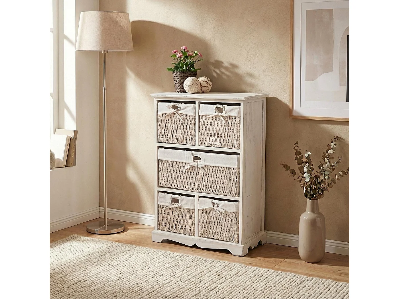 Cómoda Derby 5 cajones, estilo shabby chic,  blanco