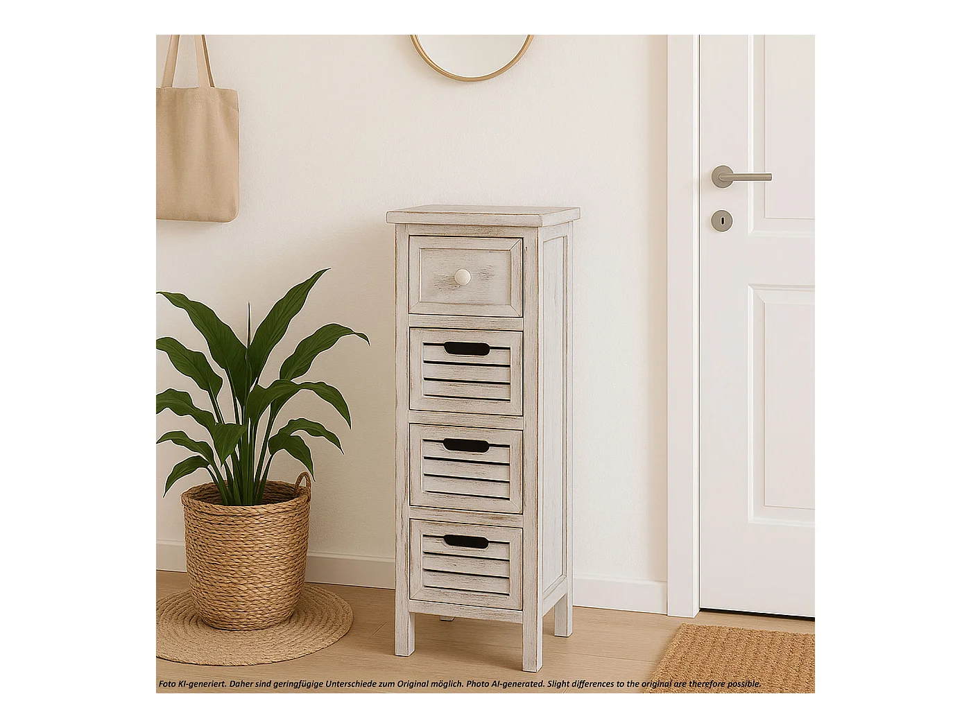 Scaffale cassettiera comodino shabby vintage legno paulonia 4 cassetti 25x30x74cm bianco