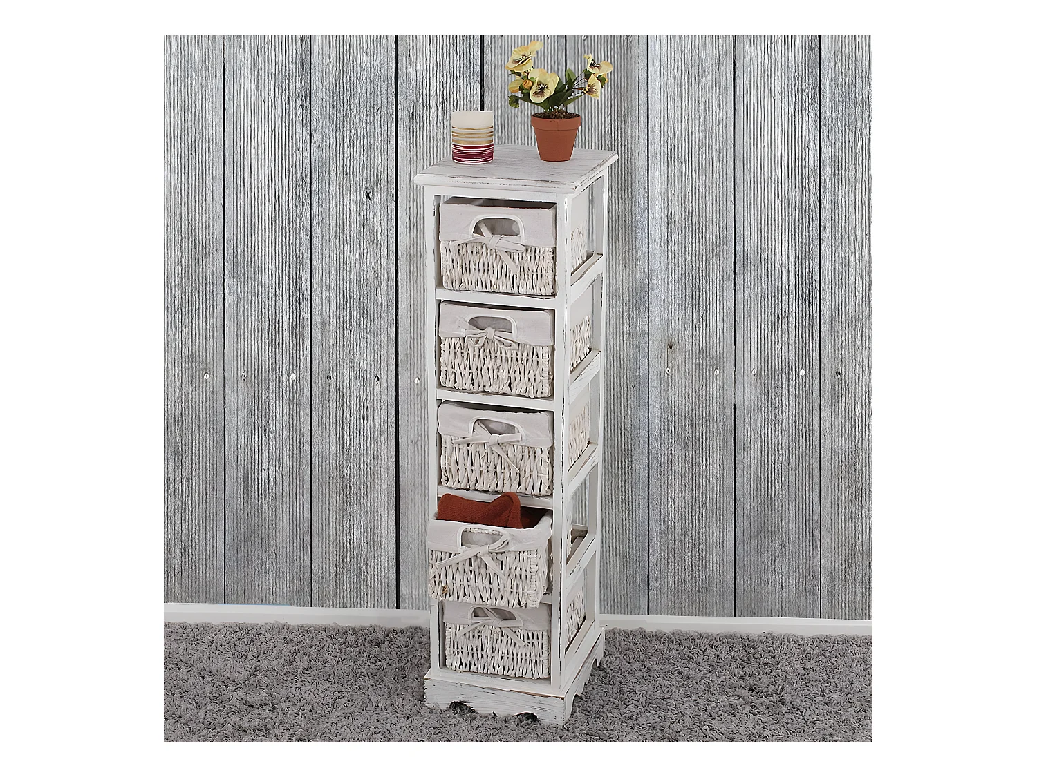 Étagère Commode avec 5 tiroirs en osier,  blanc