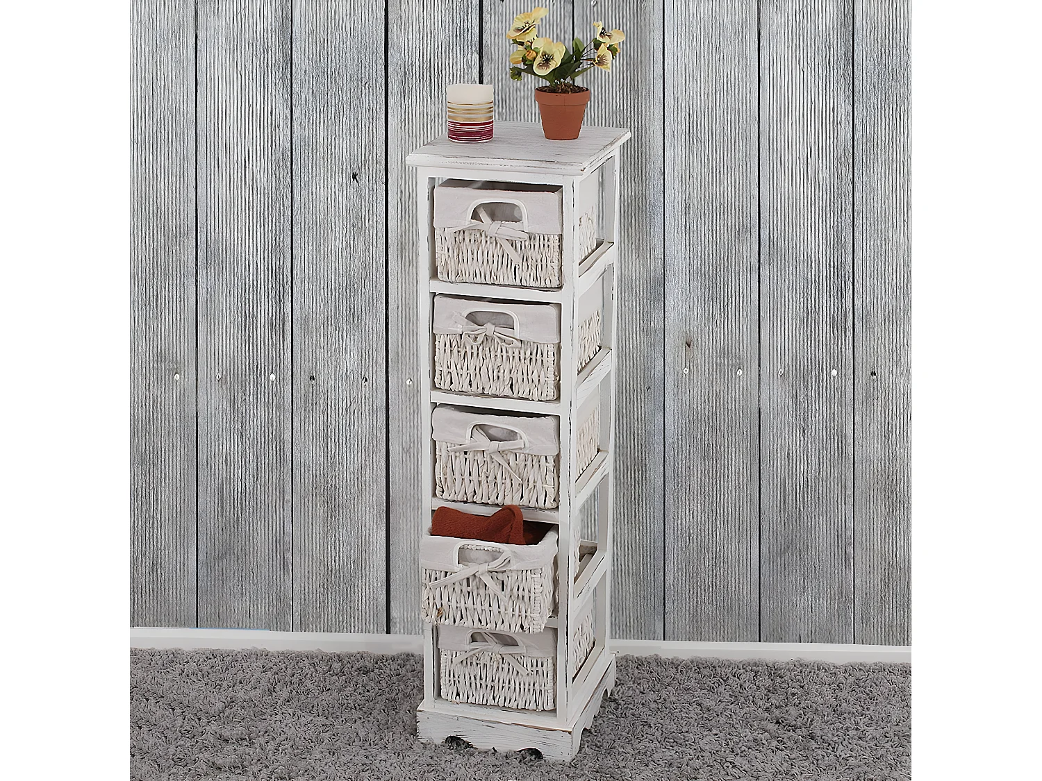 Étagère Commode avec 5 tiroirs en osier,  blanc