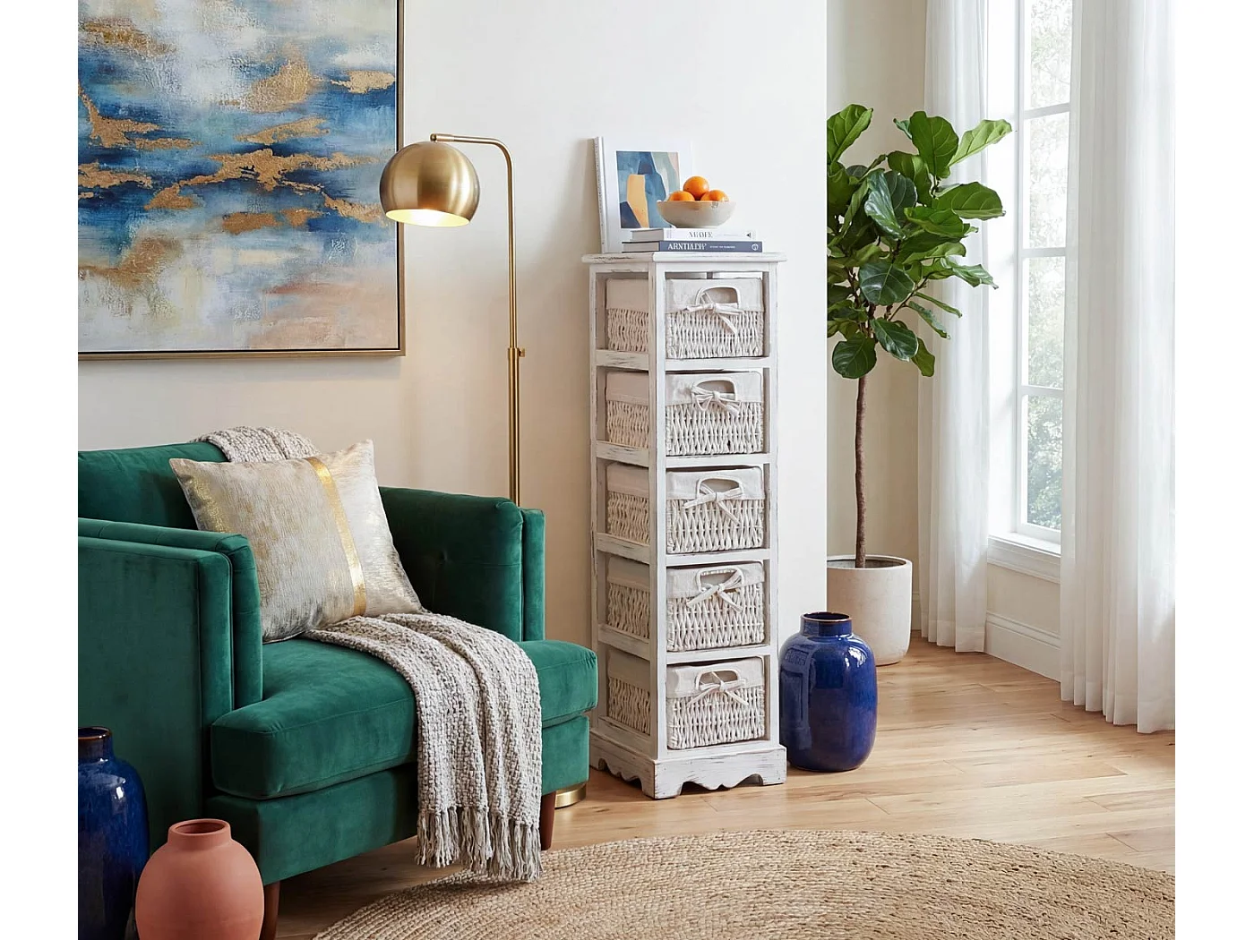 Komoda z 5 szufladami z koszykami,  biały