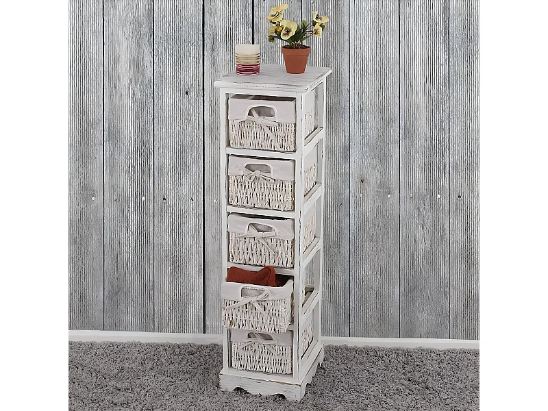 Scaffale cassettiera con 5 ceste shabby vintage legno di paulonia 28x25x90cm bianco