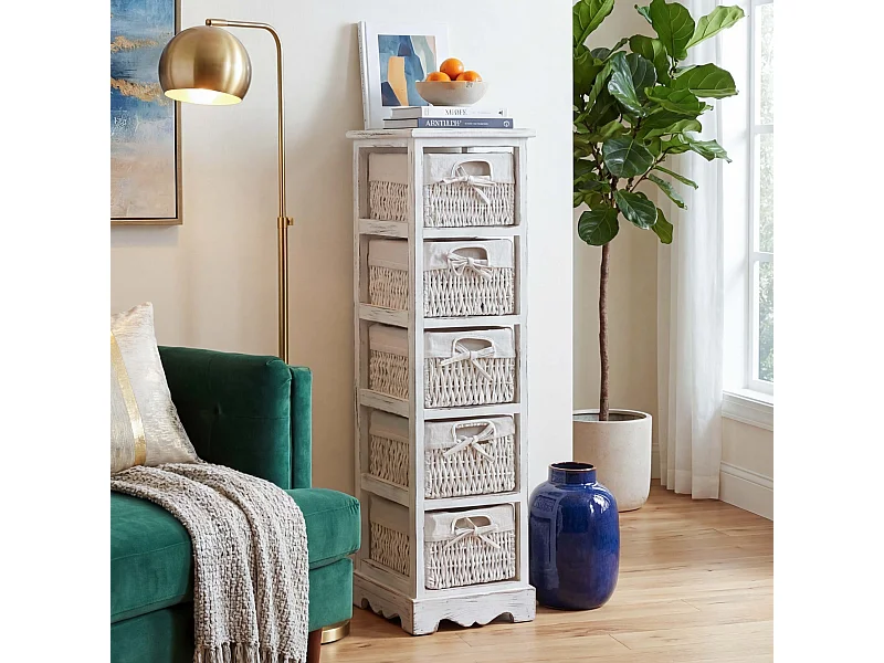 Scaffale cassettiera con 5 ceste shabby vintage legno di paulonia 28x25x90cm ~ bianco