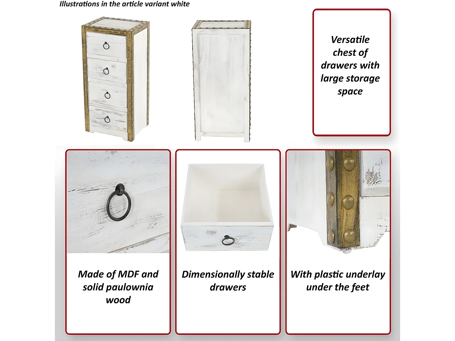 Commode Ambato 4 tiroirs look shabby,  blanc