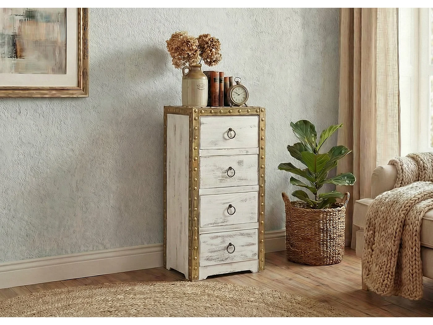 Kommode Ambato 4 Schubladen Shabby-Look, Weiß