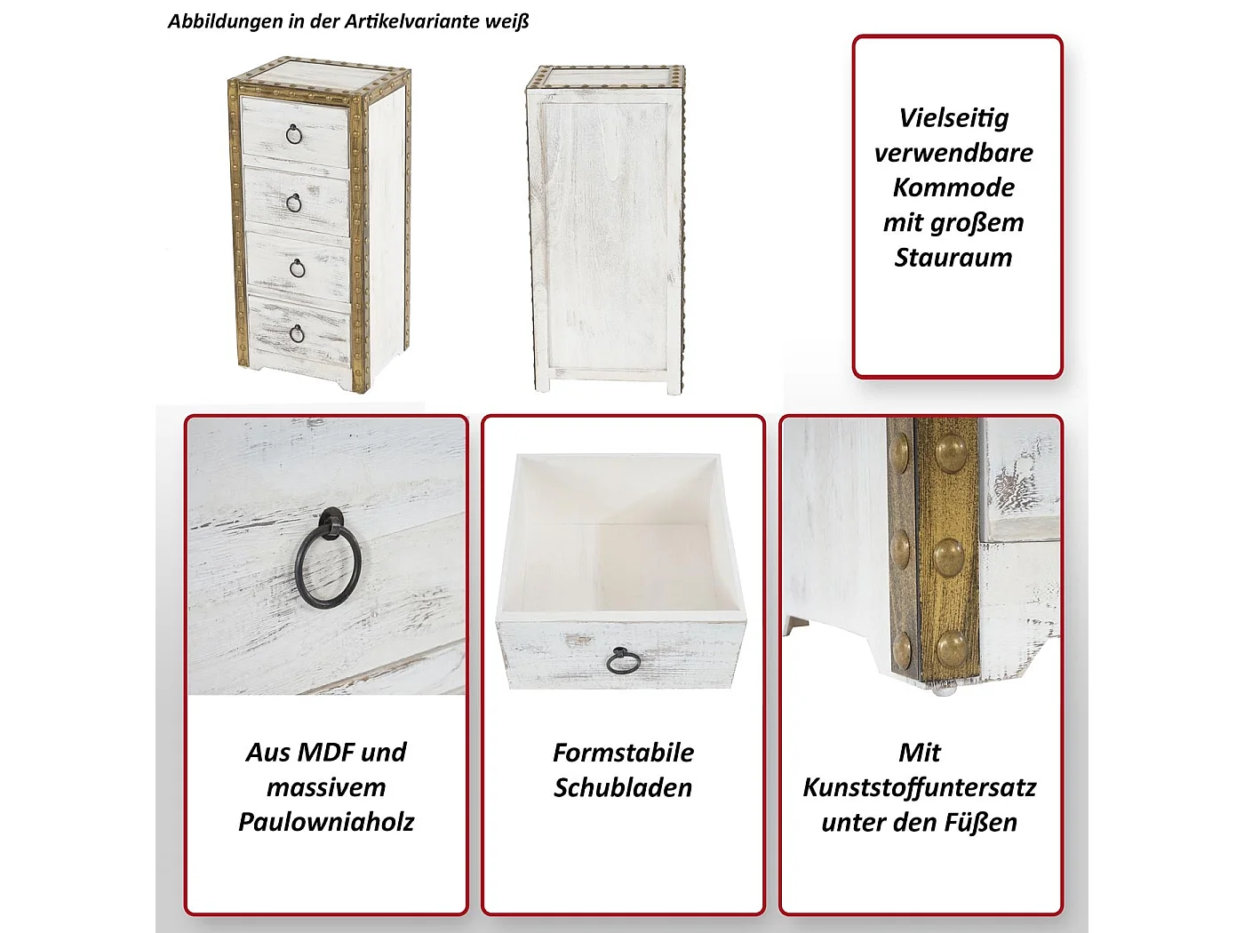 Kommode Ambato 4 Schubladen Shabby-Look, Weiß