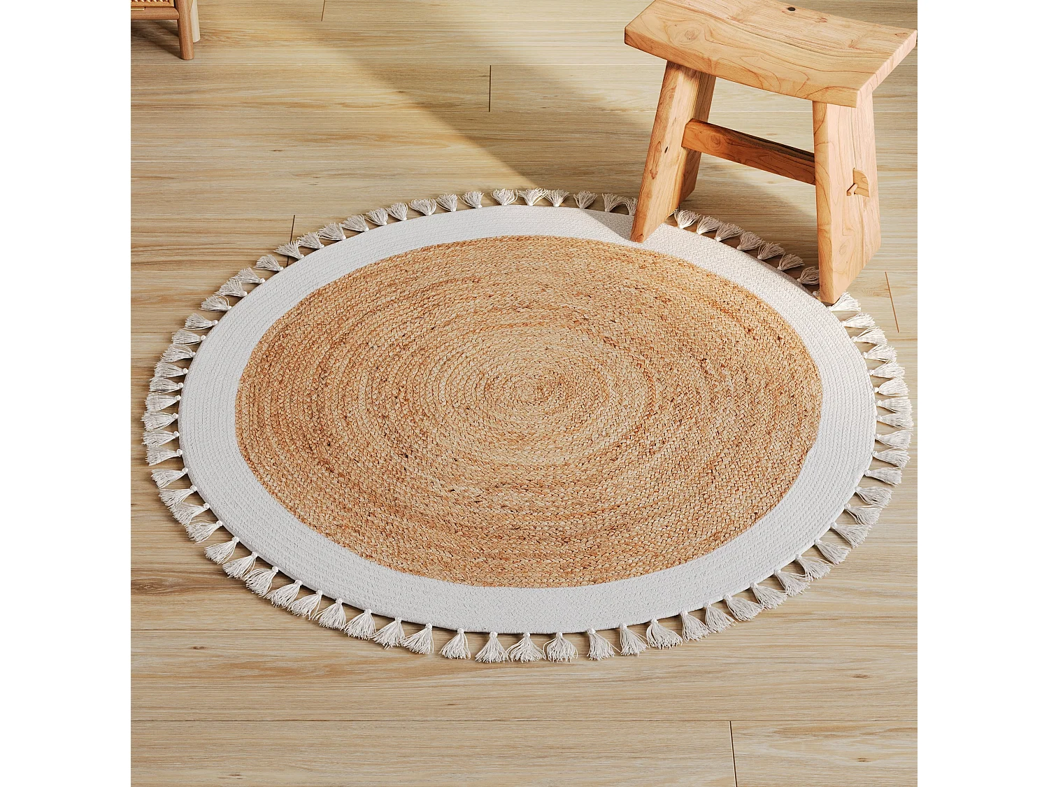 Stuoia rotonda in juta naturale con bordo bianco e frangia D120 cm - Anais