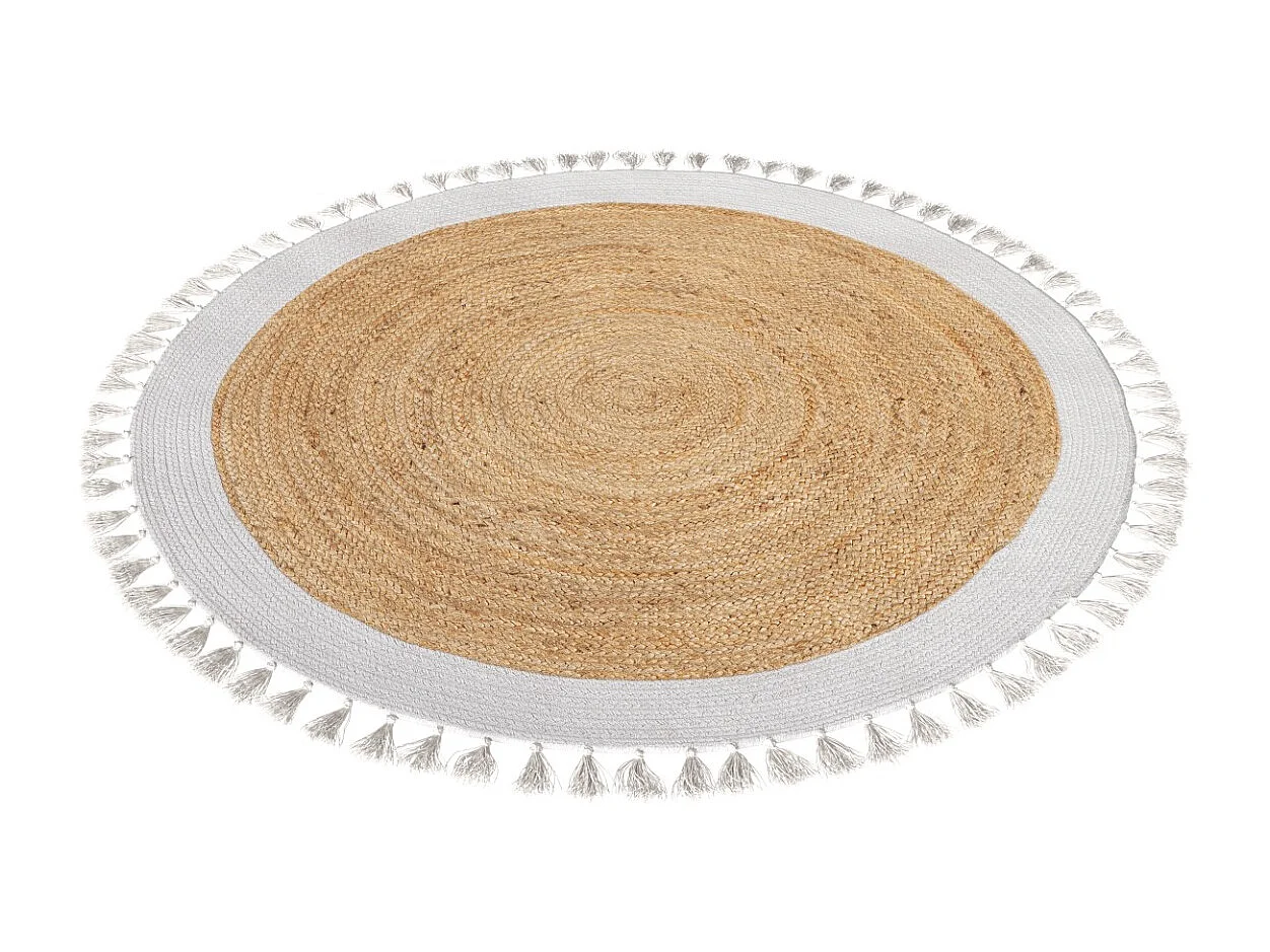 Stuoia rotonda in juta naturale con bordo bianco e frangia D120 cm - Anais
