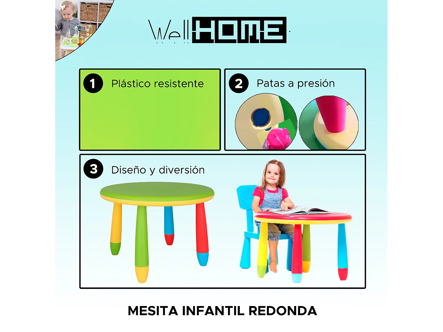 Table enfant ronde verte, en plastique, Ø70 x H.48cm