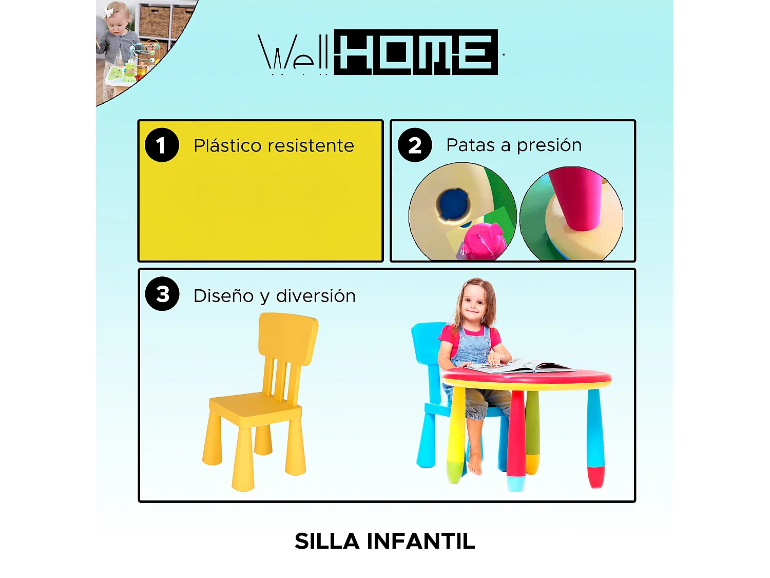 Chaise d'enfant jaune en plastique solide et résistant, L:38 cm x F:35 cm x H:67 cm