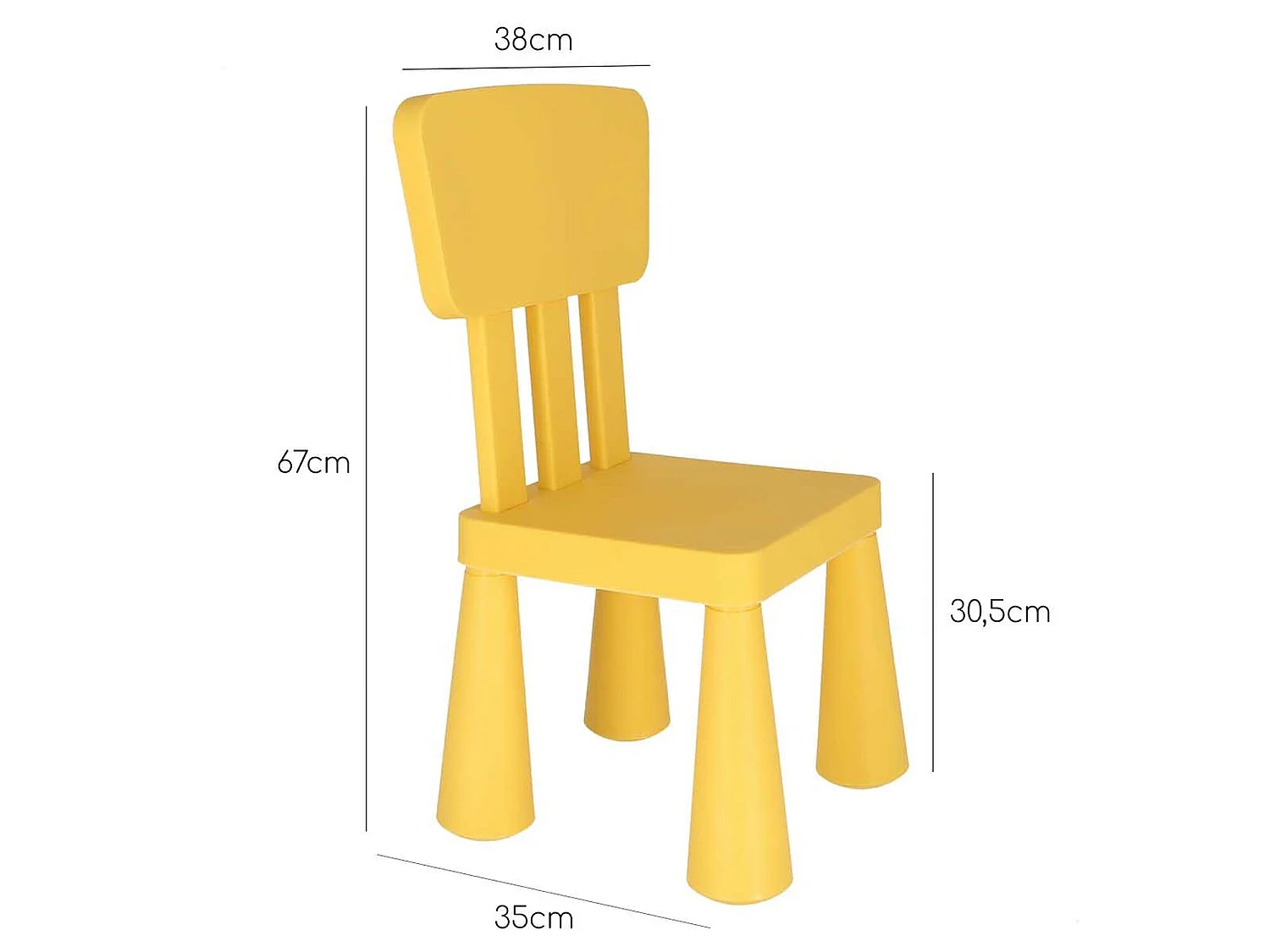 Chaise d'enfant jaune en plastique solide et résistant, L:38 cm x F:35 cm x H:67 cm